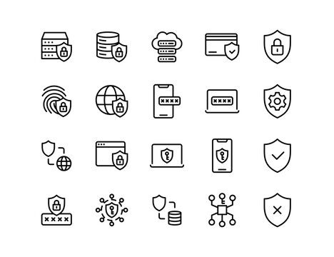 Security Vector Icon Set | Password protection, shield, data encryption, mobile lock, secure server, global access, privacy control, cloud safety, authentication, firewall