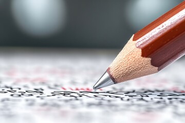 Close-up of a pencil tip writing on a document with red edits visible