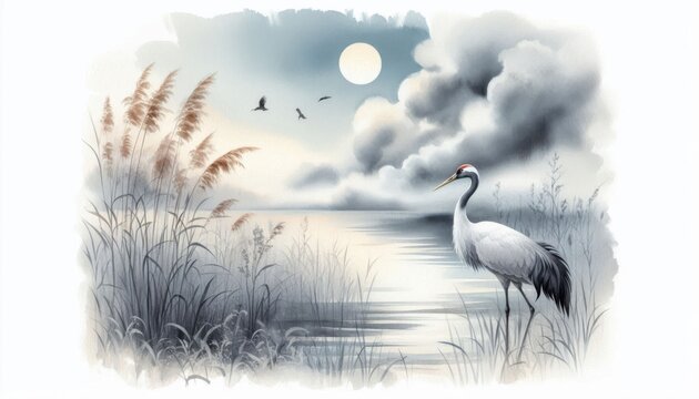 Elegante Illustration eines Kranichs, der im seichten Wasser eines ruhigen Sees steht, umgeben von Schilf und Wolken, ideal als beruhigendes Naturmotiv. Generative KI