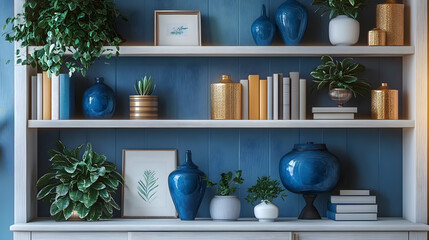 Close-Up Zoom Virtual Background with Beautiful Blue Modern Home Office Wall Shelving: Steady, Composed, Luxurious and Classic Cozy Interior Living Room Backdrop for Virtual Meetings