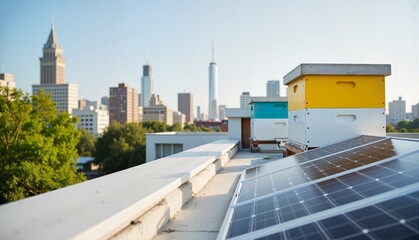 Urban rooftop beehives with solar panels and a panoramic city skyline background, showcasing sustainable living and eco-friendly concepts of agriculture or environmental services