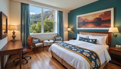 Cozy hotel room with comfortable bed and scenic mountain view, featuring warm wooden accents and stylish decor, hospitality concept of travel agency or resort