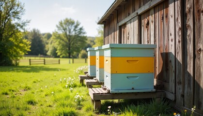 Naklejka premium Colorful bee hives positioned against a rustic wooden barn, surrounded by lush green grass and trees, nature and agriculture concept of beekeeping or farming