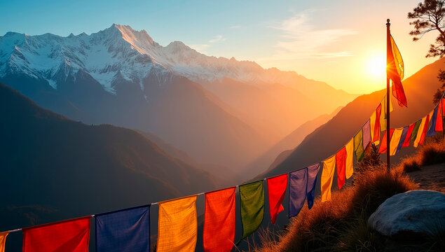 A breathtaking view of Sikkim’s snow-capped mountains, with colorful Buddhist prayer flags fluttering in the wind.