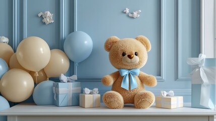 Teddy Bear Baby Shower Celebration With Gifts And Balloons