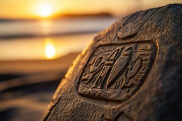 Sunset illuminates ancient carvings on a stone, beach backdrop.