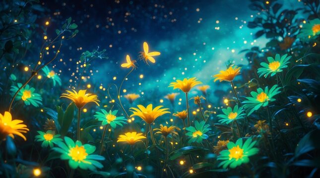 Magical Firefly Flowers Night Garden Fantasy Art