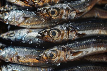 Obraz premium Fresh sardines with water droplets