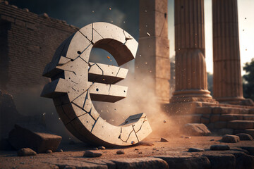 A weathered Euro symbol crumbling in an ancient ruin, symbolizing financial crises, the challenges of global banking, and the fragility of economic structures.