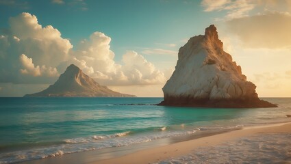 Serene sunset over turquoise ocean, dramatic rock formations, and pristine sandy beach