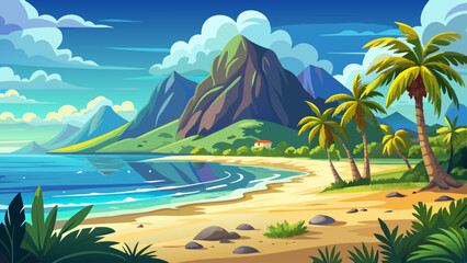 Beautiful sandy beach with Le Morne Brabant mountain on the south of Mauritius island. Tropical landscape.