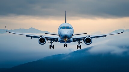 Airplane landing mountain clouds.