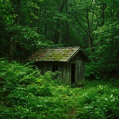 Rustic wooden cabin in a lush green forest.