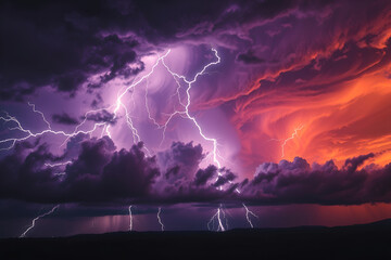 dramatic lightning storm, vibrant purple and orange sky, towering thunderclouds, multiple lightning bolts, silhouetted landscape, ominous atmosphere, stormy seascape, intense contrast, 