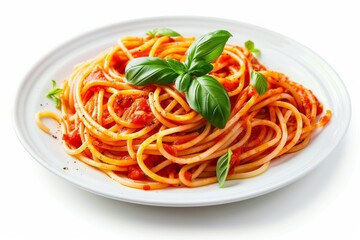 Delicious spaghetti with tomato sauce and basil on white plate. Artificial intelligence image
