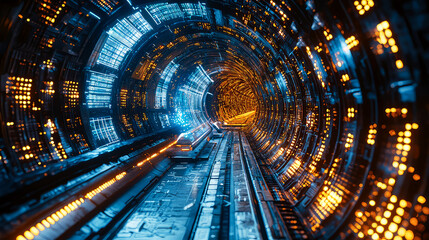 Futuristic Sci-Fi Tunnel: A Journey Through Digital Space. Neon Lights and Abstract Design.  Cyberpunk Vision.