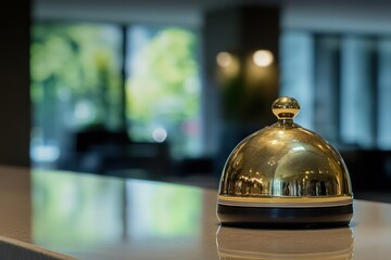 Gold service bell on hotel reception desk, lobby background