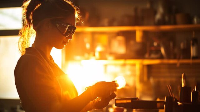 Young woman wearing protective gear skillfully engaged in glassblowing at a workshop. She works with glowing glass, showcasing artistry and craftsmanship. Video made using Generative AI.