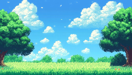A vibrant pixel art landscape featuring lush green grass, trees, and a bright blue sky filled with fluffy clouds, evoking a classic video game scene. 
