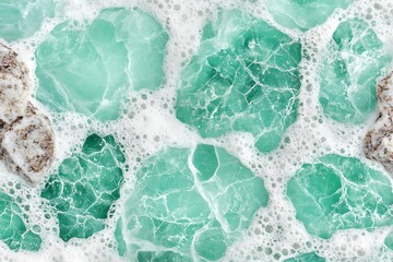 Fototapeta premium Turquoise tiles in white foam, close up, texture