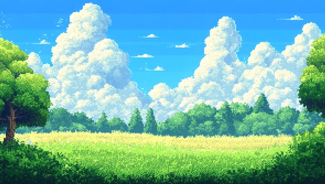 A vibrant pixel art landscape featuring lush green grass, trees, and a bright blue sky filled with fluffy clouds, evoking a classic video game scene. 
