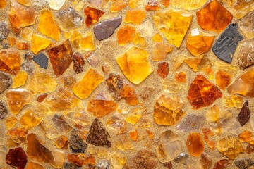 Fototapeta premium Sunlit amber stones on natural pebble background. Artificial Intelligence image