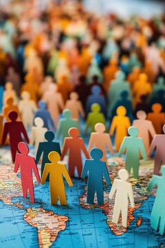 A diverse group of people from various cultures and nations, all holding hands over a globe to symbolize unity and global community.