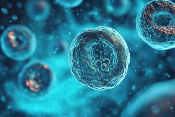 Close-up microscopic view of viral cells, illustrating their unique structure and function within the context of cellular biology and medical research.