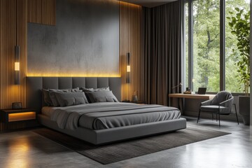Modern luxury bedroom with gray furniture and nature view window