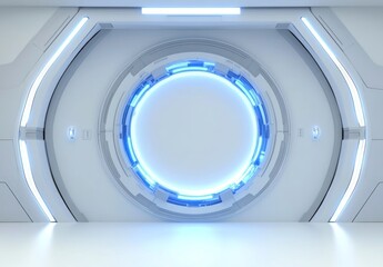 Futuristic white room with glowing blue circular portal.