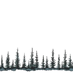 An artistic watercolor painting of a line of evergreen trees