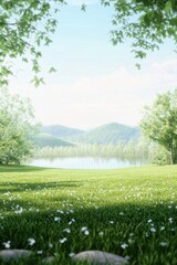 Obraz premium Peaceful scenery with a lake and green field, framed by leaves, ideal for contemplation