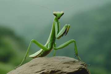 Close-up of a vibrant green praying mantis perched on a textured rock