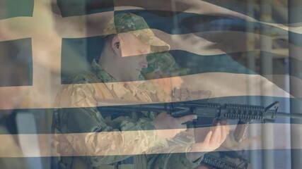 Holding rifle, soldier in camouflage standing with Greek flag in background - Powered by Adobe