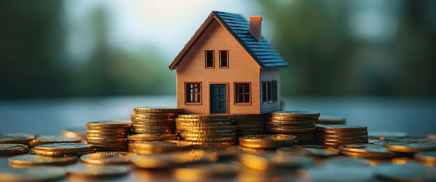 Home loan reverse mortgage, asset refinancing idea. Small house positioned on stacks of coins, symbolizes a homeowner or borrower converting properties into cash, saving money to secure shelter