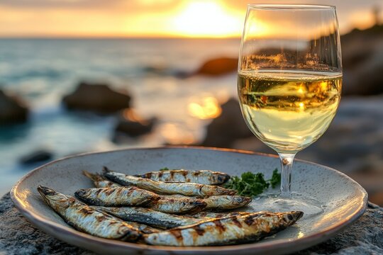 Refreshing vinho verde and grilled sardines on rustic plate at sunset by the seaside