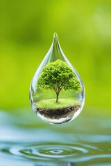 Delicate ecosystem captured in a water drop, floating above tranquil waters, showcasing a thriving tree
