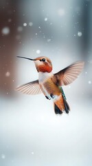 Naklejka premium Hummingbird in flight, winter scene