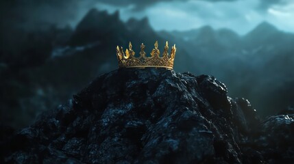 Golden crown atop mountain peak, stormy sky. Royalty, leadership concept