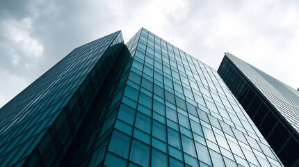 Obraz premium Extreme macro close-up of an abstract modern glass office building downtown, intense dramatic weather in rich deep teal, luxurious and vibrant, stormy skies, high tension, and small subject detail.jpg