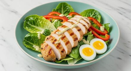 Grilled chicken salad with lettuce peppers eggs and dressing on plate