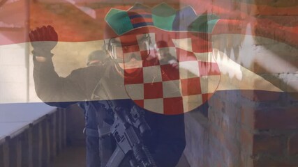 Holding rifle with Croatian flag overlay, person standing in urban area - Powered by Adobe