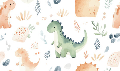Adorable Watercolor Baby Dinosaur Seamless Pattern for Kids in Minimalist Vector Style