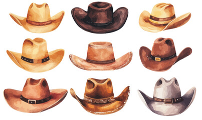 Western Cowboy Hats Collection Watercolor Set for Wild West Theme Fashion