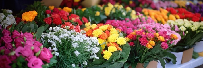 A vibrant display of assorted flowers in pots and hanging baskets.