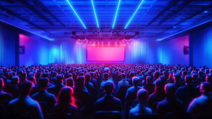 Large audience at business conference with blue and purple lighting. Attendees face stage with presentation screen in modern corporate venue. Professional gathering with executives and industry
