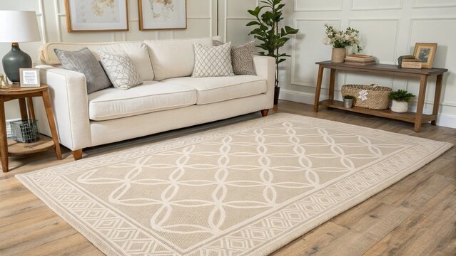 Neutral-Colored Area Rug: Add a soft, neutral-colored area rug under the white sofa, with subtle geometric patterns that complement the wall art. The rug should add warmth to the floor while tying tog