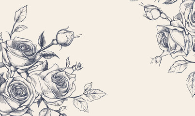 Fototapeta premium Vintage Rose Border Engraving Line Art Minimalist Vector Floral Hand-Drawn Illustration