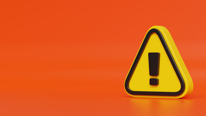 Yellow warning sign with exclamation mark in triangle icon on red background. Hazard warning sign, warns to be careful, attention, danger, warning about something important. 3d illustration, 3D render