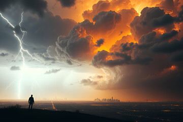 dramatic stormy sky, lightning strike, silhouette figure on horizon, fiery orange clouds, distant cityscape, moody atmosphere, cinematic lighting, wide open landscape, contrast between light and dark,